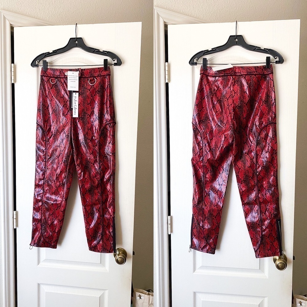 For Love & Lemons Claude Faux Snakeskin‎ Moto Pants Red XS NWT